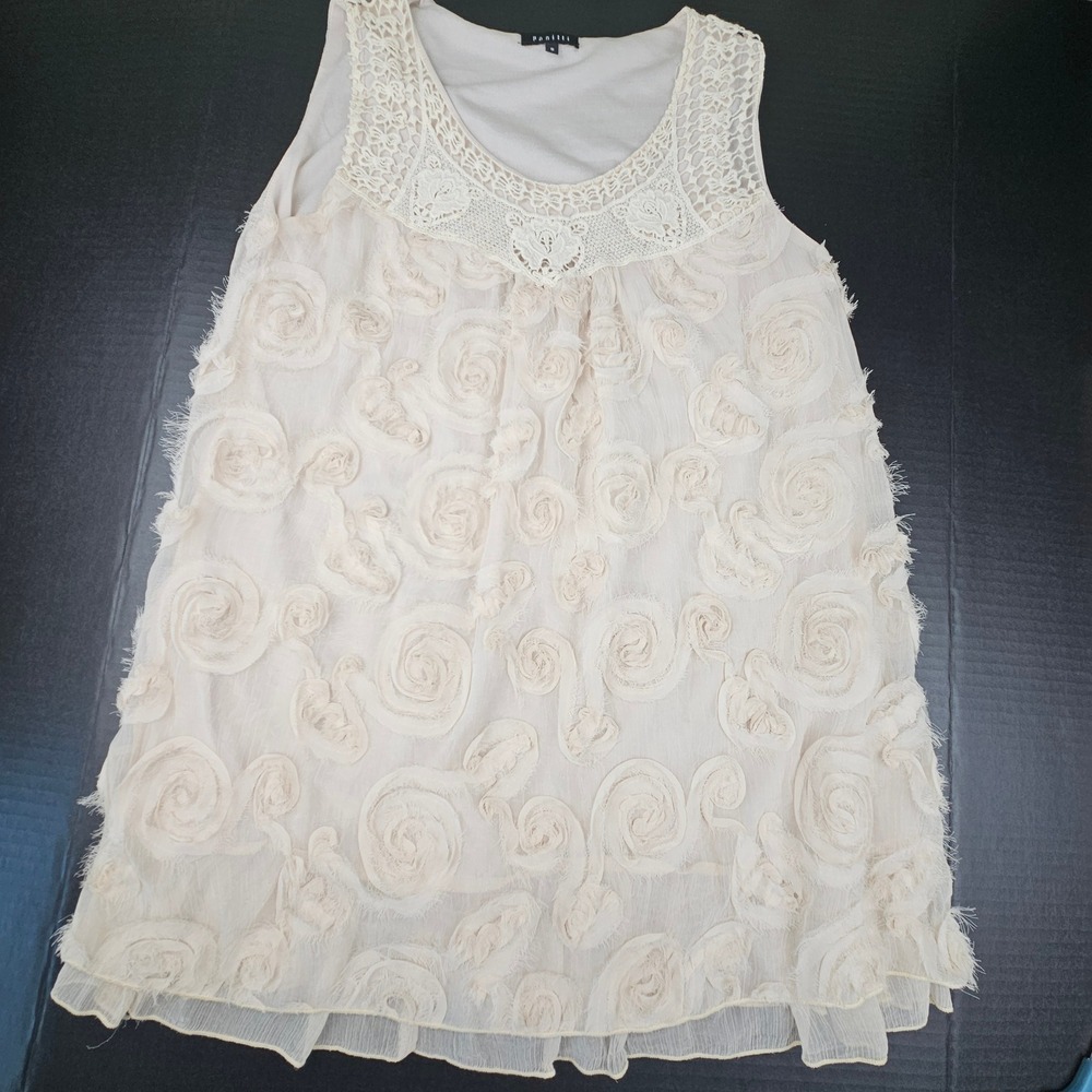 Panitti Womens Small Ivory Lace Yoke 3D Rosette Sleeveless Boho Cottagecore Top